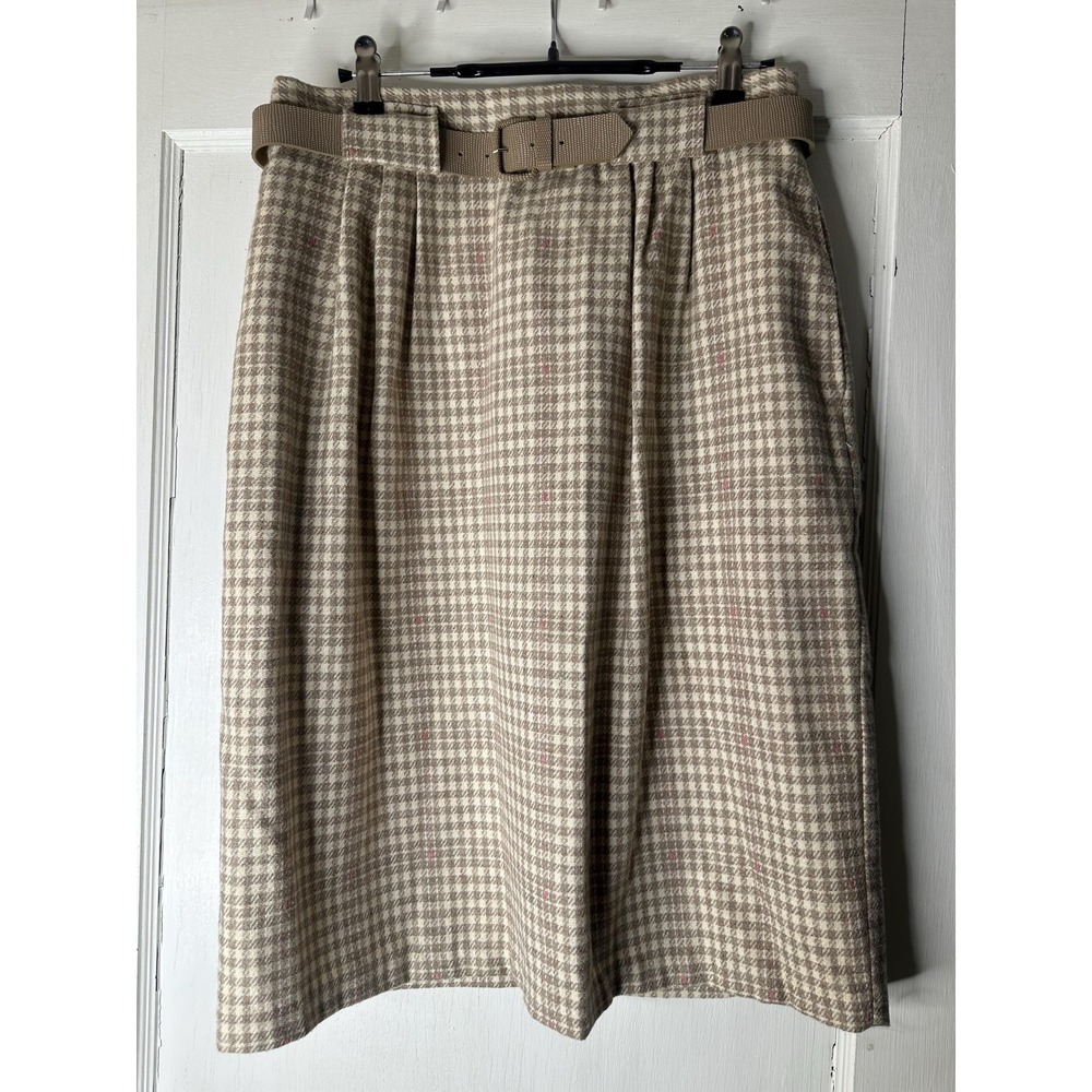Vintage Worthington Wool Tan Cream Plaid Skirt with Belt Size 14 Pockets